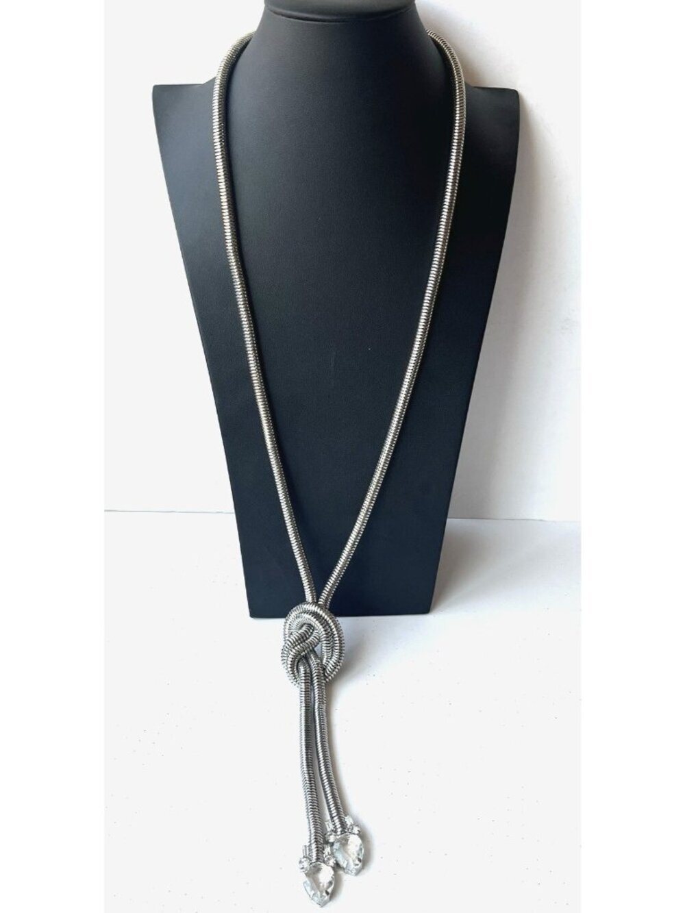 Silver Tone Snake Chain Lariat Necklace Tassel Drop Faceted Rhinestone Accents